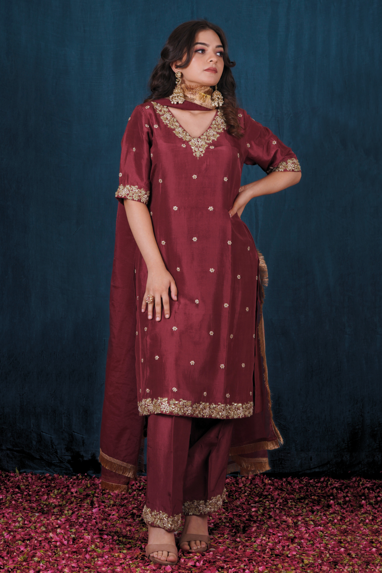 Rust Red Opada Silk Kurta Set